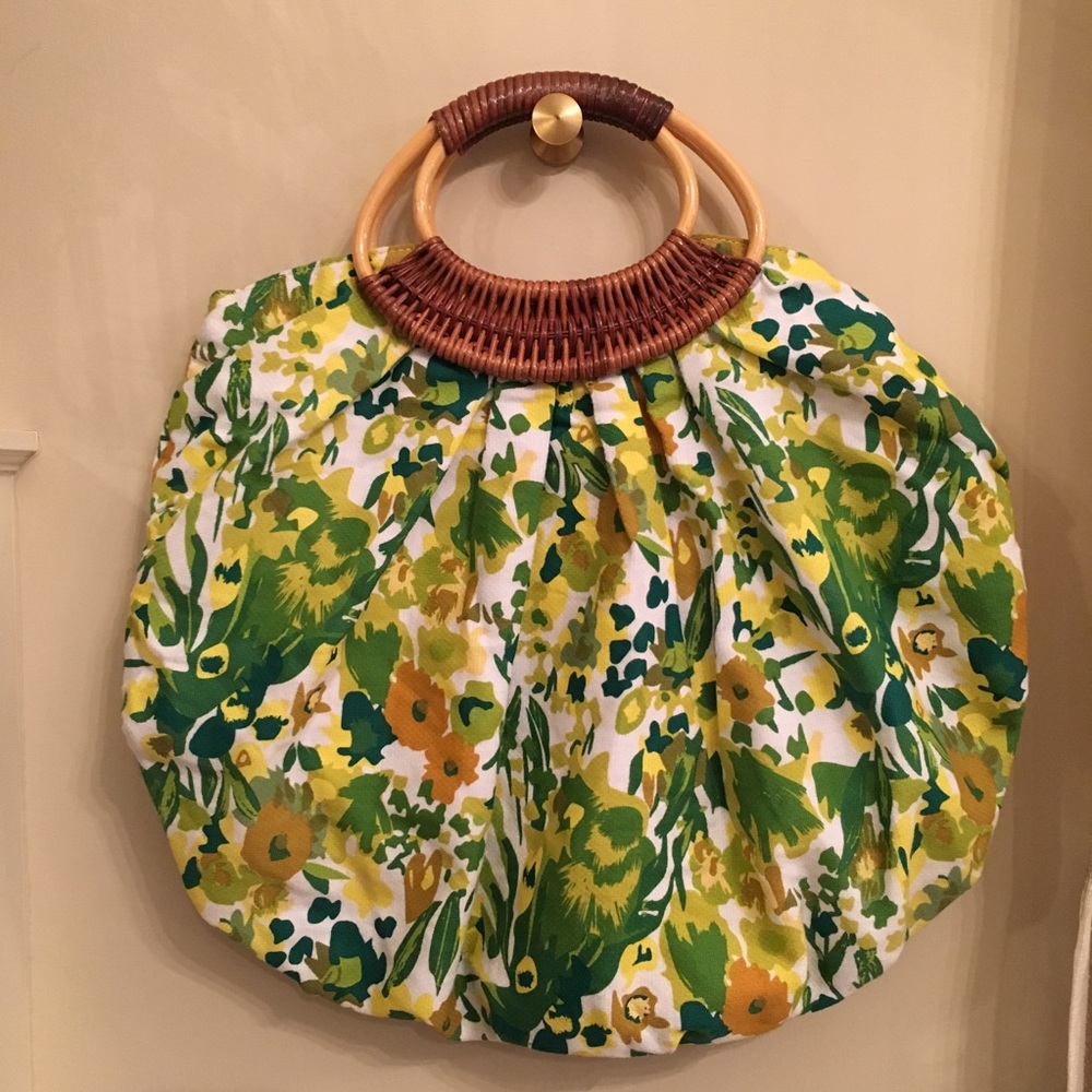 Straw / Wood Handle Bag with Floral Fabric - NWOT